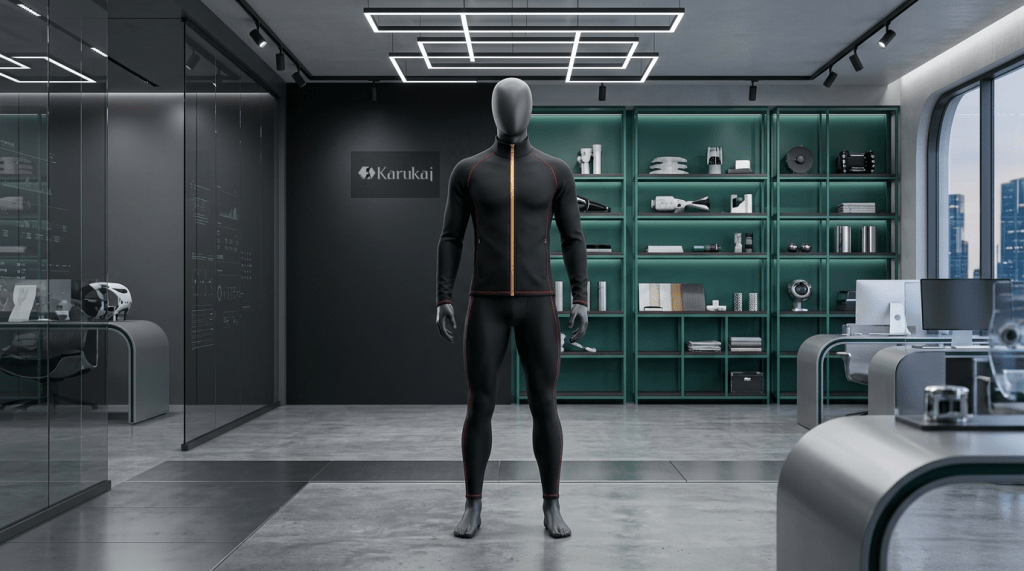 An athletic headless mannequin modeling a deep black high-performance sport set with a matte gold zipper and ruby red piping, set in a futuristic luxury modern design studio.