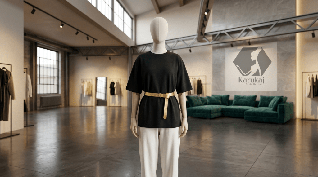 A headless mannequin wearing a deep black oversized cotton tee and off-white trousers with a matte gold belt, set in a sophisticated high-end boutique studio.
