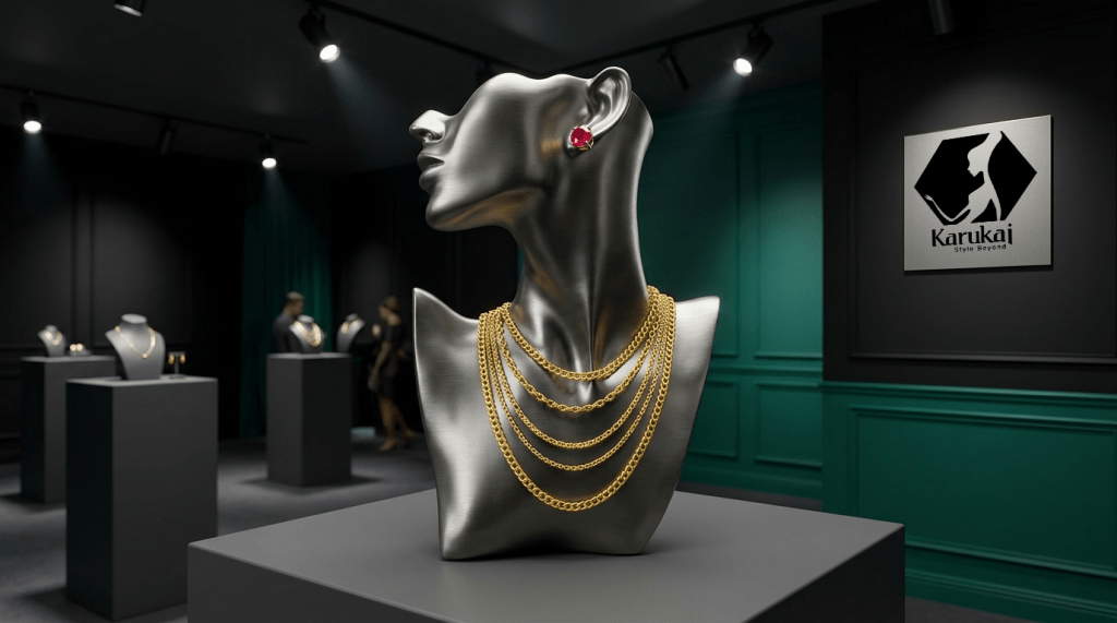 An elegant headless mannequin neck and upper torso displaying multi-layered matte gold foil chain necklaces and a ruby red gemstone stud earring in a posh jewelry exhibition gallery.