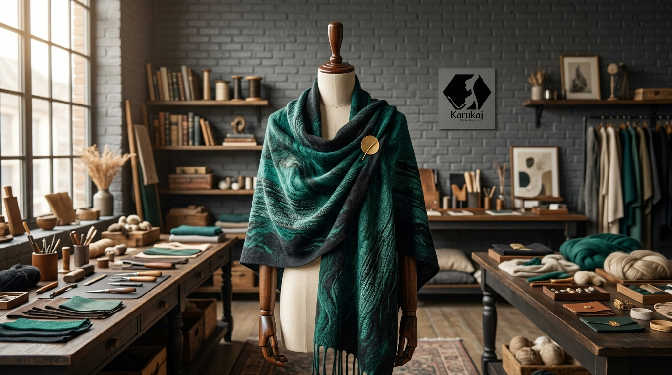 A headless mannequin wearing an organic teal-green and deep black upcycled cashmere shawl with a matte gold foil pin, placed in a chic artisanal atelier with vintage art books.
