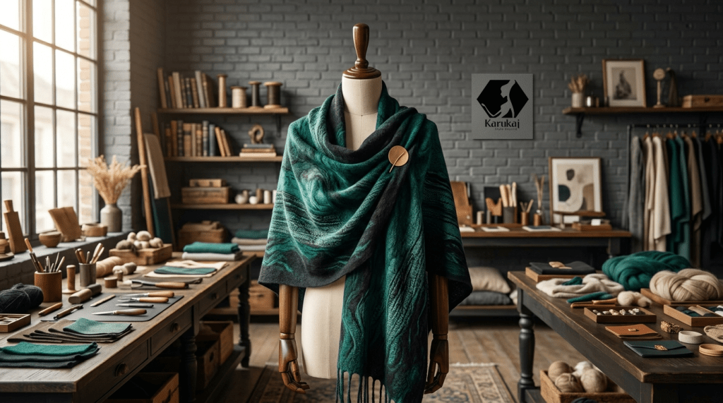 A headless mannequin wearing an organic teal-green and deep black upcycled cashmere shawl with a matte gold foil pin, placed in a chic artisanal atelier with vintage art books.