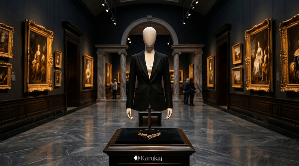 An elegant headless mannequin wearing a deep black draped silk dress with a matte gold foil chain necklace in a high-end museum-style luxury studio.